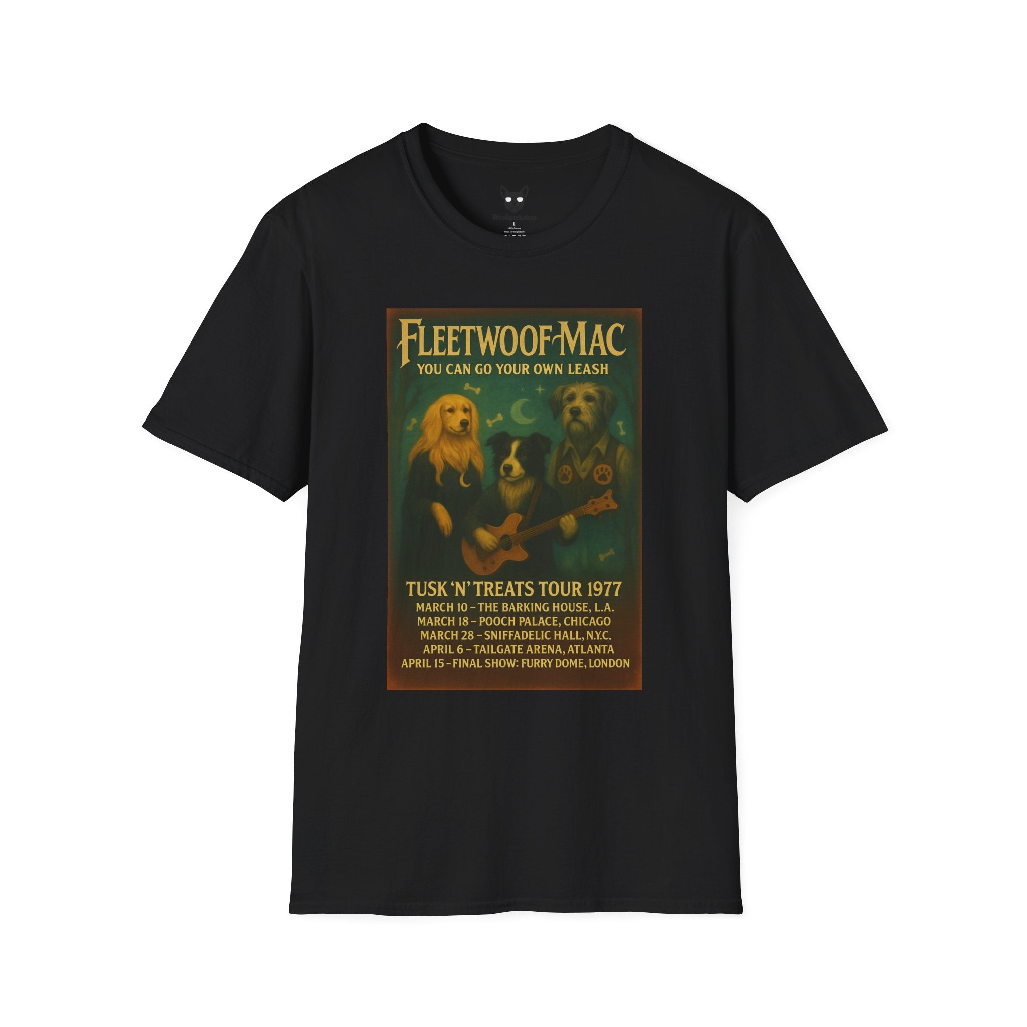Fleetwood Mac Concert Poster Dog Parody Unisex Softstyle T-Shirt – Funny Tee for Music and Dog Lovers